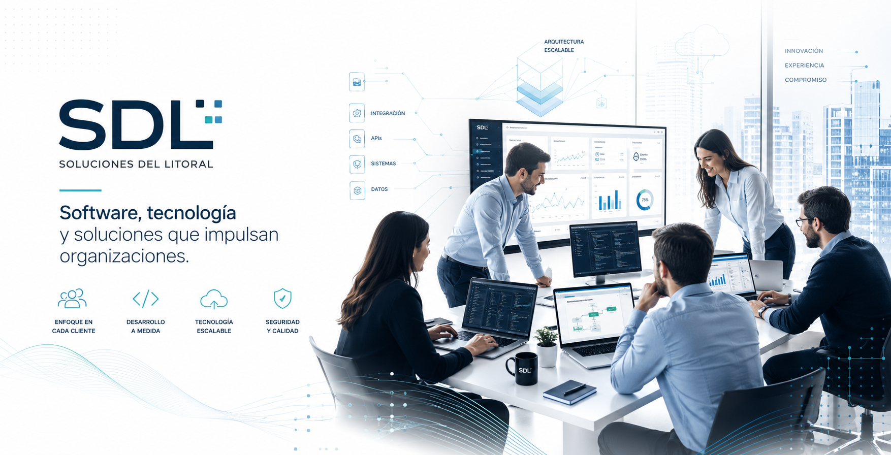 Ilustración institucional de SDL sobre software, integración y colaboración tecnológica